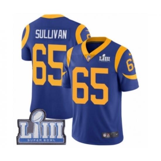 Men's Nike Los Angeles Rams 65 John Sullivan Royal Blue Alternate Vapor Untouchable Limited Player Super Bowl LIII Bound NFL Jersey