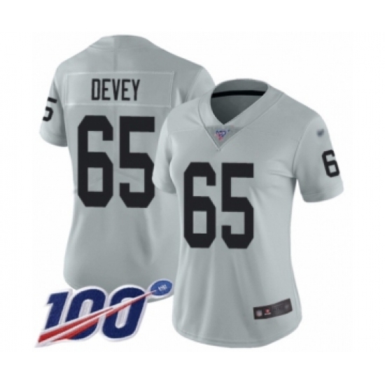 Women's Oakland Raiders 65 Jordan Devey Limited Silver Inverted Legend 100th Season Football Jersey