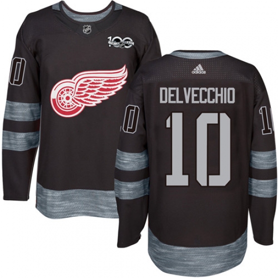 Men's Adidas Detroit Red Wings 10 Alex Delvecchio Premier Black 1917-2017 100th Anniversary NHL Jersey