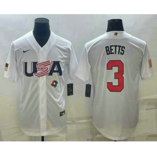 Men's USA Baseball 3 Mookie Betts 2023 White World Baseball Classic Replica Stitched Jerseys