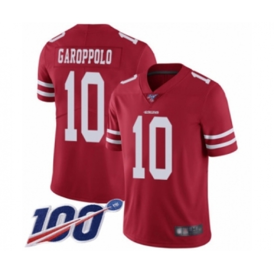 Men's San Francisco 49ers 10 Jimmy Garoppolo Red Team Color Vapor Untouchable Limited Player 100th Season Football Jersey
