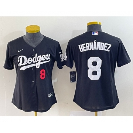 Women'sNike Los Angeles Dodgers 8 Kike Hernandez Number Black Stitched Cool Base Jersey