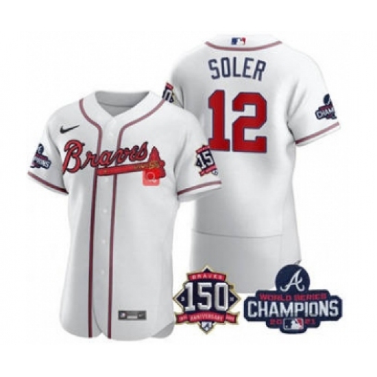 Men's Atlanta Braves 12 Jorge Soler 2021 White World Series Champions With 150th Anniversary Flex Base Stitched Jersey