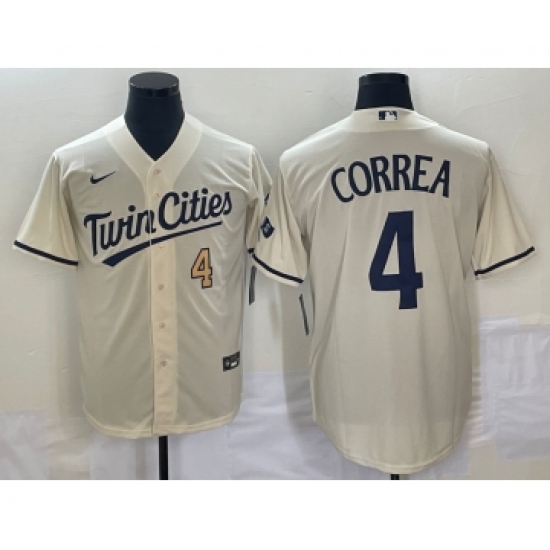 Men's Minnesota Twins 4 Carlos Correa Number Cream 2022 City Connect Cool Base Stitched Jersey