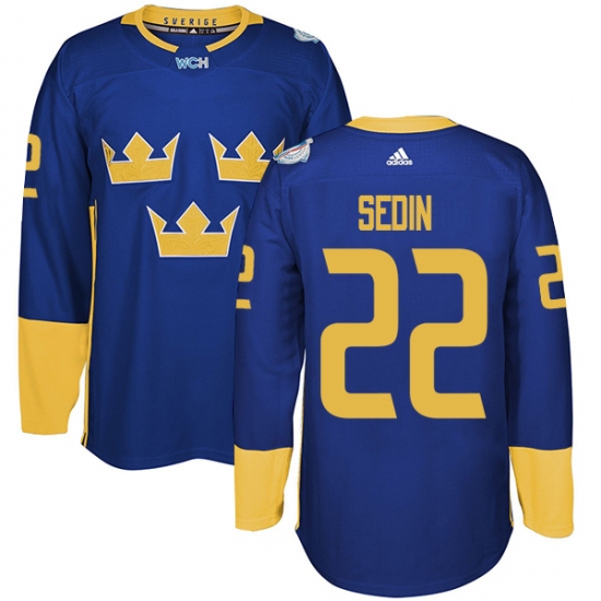 Men's Adidas Team Sweden 22 Daniel Sedin Premier Royal Blue Away 2016 World Cup of Hockey Jersey