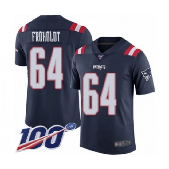 Men's New England Patriots 64 Hjalte Froholdt Limited Navy Blue Rush Vapor Untouchable 100th Season Football Jersey