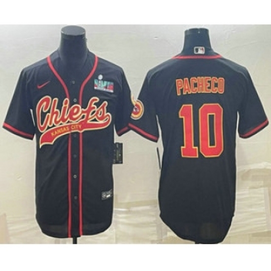 Men's Kansas City Chiefs 10 Isiah Pacheco Black With Super Bowl LVII Patch Cool Base Stitched Baseball Jersey