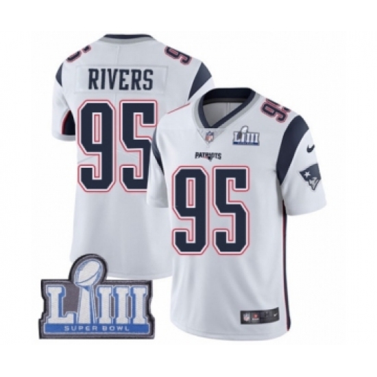 Men's Nike New England Patriots 95 Derek Rivers White Vapor Untouchable Limited Player Super Bowl LIII Bound NFL Jersey