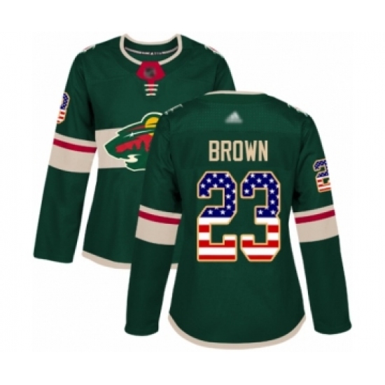 Women's Minnesota Wild 23 J.T. Brown Authentic Green USA Flag Fashion Hockey Jersey