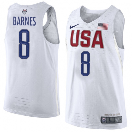 Men's Nike Team USA 8 Harrison Barnes Authentic White 2016 Olympic Basketball Jersey - Click Image to Close