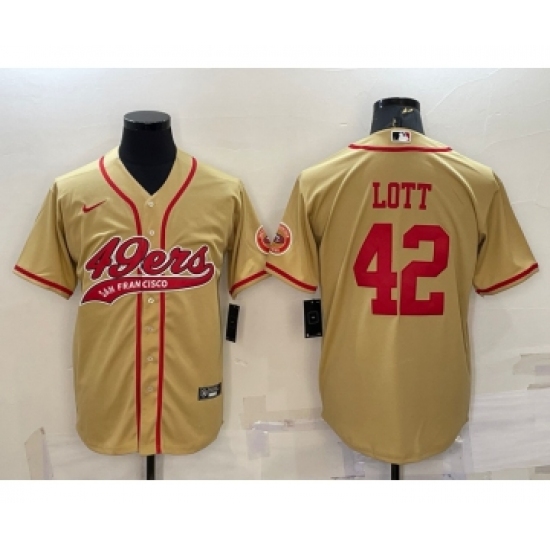 Men's San Francisco 49ers 42 Ronnie Lott Gold With Patch Cool Base Stitched Baseball Jersey