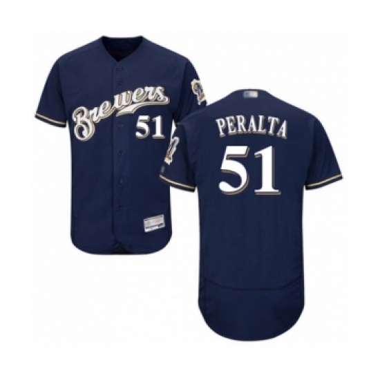 Men's Milwaukee Brewers 51 Freddy Peralta Navy Blue Alternate Flex Base Authentic Collection Baseball Player Jersey