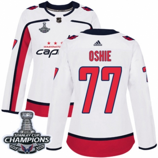 Women's Adidas Washington Capitals 77 T.J. Oshie Authentic White Away 2018 Stanley Cup Final Champions NHL Jersey