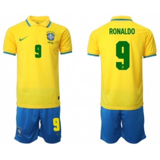 Men's Brazil 9 Ronaldo Yellow Home Soccer Jersey Suit