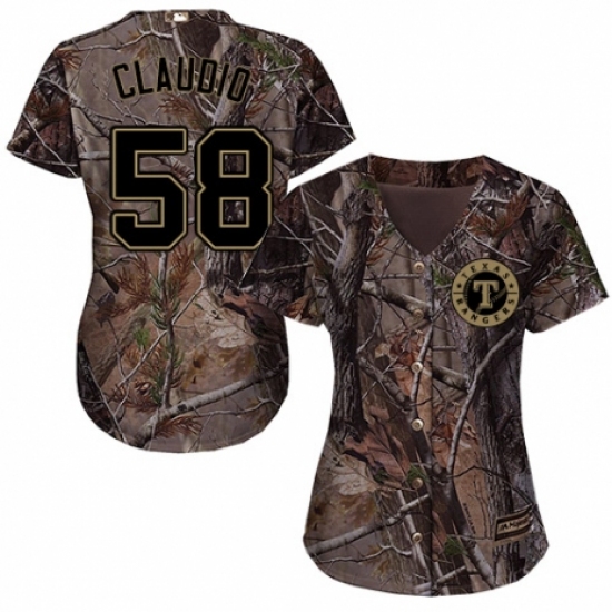 Women's Majestic Texas Rangers 58 Alex Claudio Authentic Camo Realtree Collection Flex Base MLB Jersey