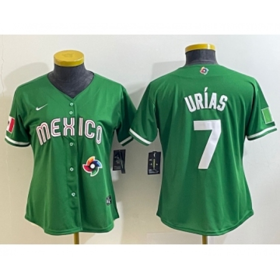 Women's Mexico Baseball 7 Julio Urias Number 2023 Green World Classic Stitched Jersey6