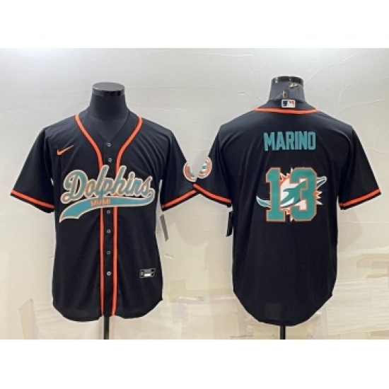 Men's Miami Dolphins 13 Dan Marino Black Team Big Logo With Patch Cool Base Stitched Baseball Jersey