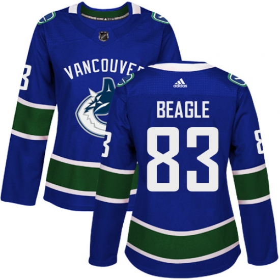 Women's Adidas Vancouver Canucks 83 Jay Beagle Authentic Blue Home NHL Jersey