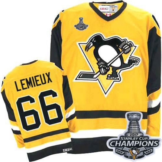 Men's CCM Pittsburgh Penguins 66 Mario Lemieux Authentic Yellow Throwback 2017 Stanley Cup Champions NHL Jersey