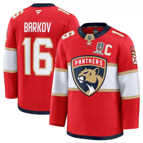 Men's Florida Panthers 16 Aleksander Barkov Red Home 2025 Stanley Cup Champions & C Stitched Hockey Jersey