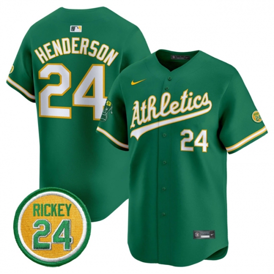 Men's Oakland Athletics 24 Rickey Henderson Green 2024 Limited With Rickey Henderson Stitched Jersey