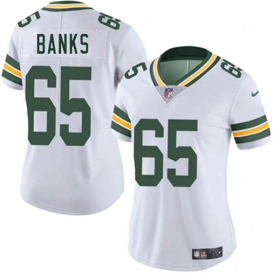Women's Green Bay Packers 65 Aaron Banks White 2025 Vapor Untouchable Limited Football Stitched Jersey(Run Small)