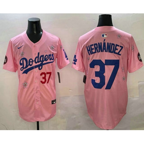 Men's Los Angeles Dodgers 37 Teoscar Hernandez Pink 2025 Tokyo Series Limited Jersey