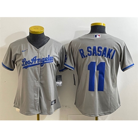 Womens Los Angeles Dodgers 11 Roki Sasaki Grey Cool Base Stitched Baseball Jersey(Run Small)