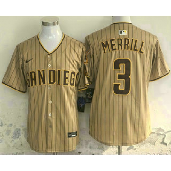 Men's San Diego Padres 3 Jackson Merrill Khaki Pinstripe Limited Stitched Jersey