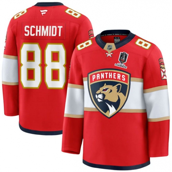 Men's Florida Panthers 88 Nate Schmidt Red Home 2025 Stanley Cup Champions Stitched Jersey