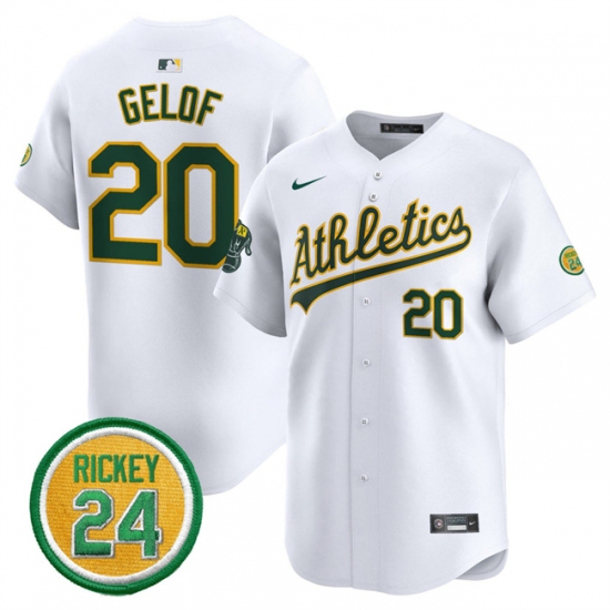 Men's Oakland Athletics 20 Zack Gelof White 2024 Home Limited With Rickey Henderson Stitched Jersey