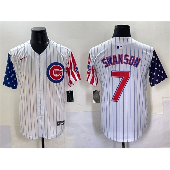 Men's Chicago Cubs 7 Dansby Swanson White Pinstripe 2025 Independence Day Vapor Premier Limited Stitched Baseball Jersey