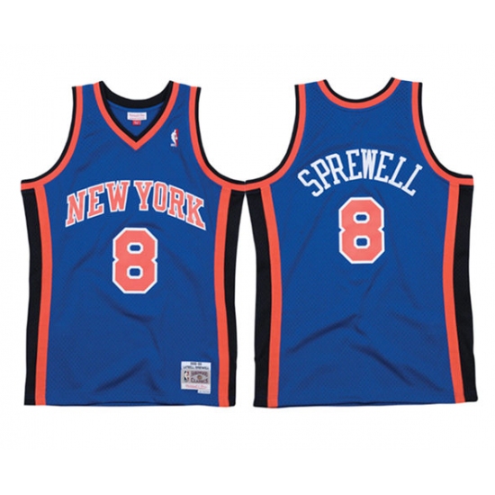 Men's New Yok Knicks 8 Latrell Sprewell Blue Mitchell & Ness 98-99 Road Swingman Stitched Jersey