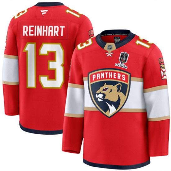 Men's Florida Panthers 13 Sam Reinhart Red Home 2025 Stanley Cup Champions Stitched Hockey Jersey