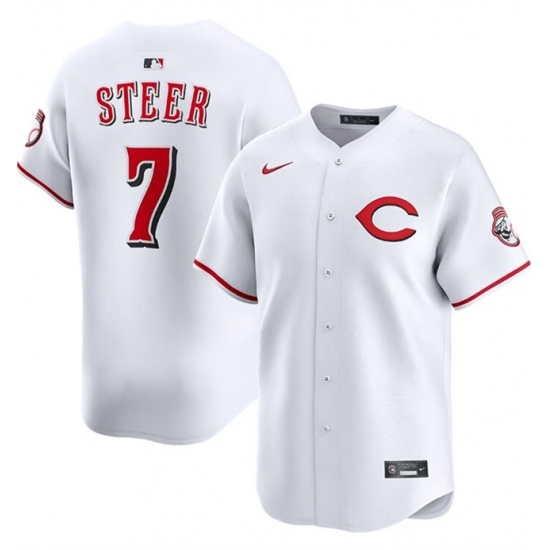 Men's Cincinnati Reds 7 Spencer Steer White 2025 Home Limited Stitched Baseball Jersey