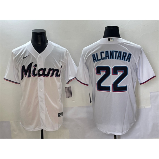 Men's Miami Marlins 22 Sandy Alcantara White Cool Base Stitched Jersey