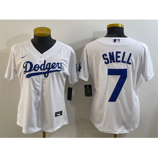 Women's Los Angeles Dodgers 7 Blake Snell White Cool Base Stitched Baseball Jersey(Run Small)