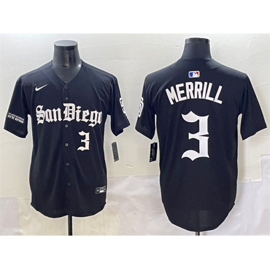 Men's San Diego Padres 3 Jackson Merrill Black Gothic Edition Vapor Limited Stitched Baseball Jersey