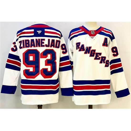 Men's New York Rangers 93 Mika Zibanejad White With A 2024-25 Away Stitched Jersey
