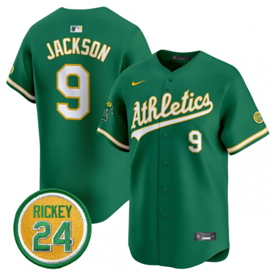 Men's Oakland Athletics 9 Reggie Jackson Green 2024 Limited With Rickey Henderson Stitched Jersey
