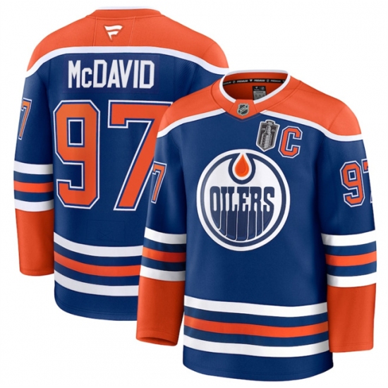 Men's Edmonton Oilers 97 Connor McDavid Royal 2025 Stanley Cup Final And C Stitched Hockey Jersey