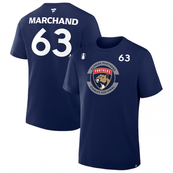 Men's Florida Panthers 63 Brad Marchand Navy 2025 Stanley Cup Final Pro Name & Number T-Shirt