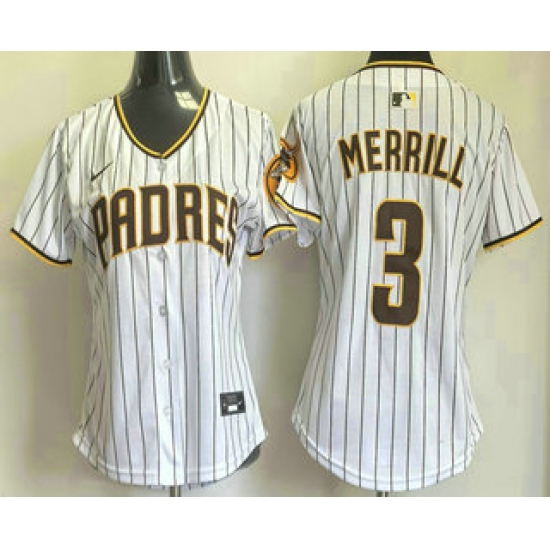 Women's San Diego Padres 3 Jackson Merrill White Pinstripe Limited Stitched Jersey