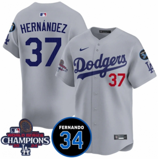 Men's Los Angeles Dodgers 37 Teoscar Hernandez Gray 2024 World Series Champions With Fernando Memorial Vapor Premier Limited Stitched Baseball Jersey