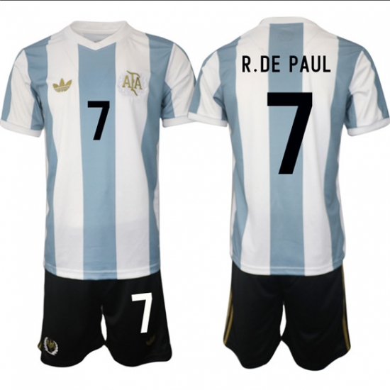 Men's Argentina 7 Rodrigo Javier De Paul White Blue 2024-25 50th Anniversary Home Soccer Jersey Suit