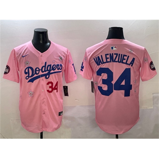 Men's Los Angeles Dodgers 34 Fernando Valenzuela Pink 2025 Tokyo Series Limited Stitched Baseball Jersey