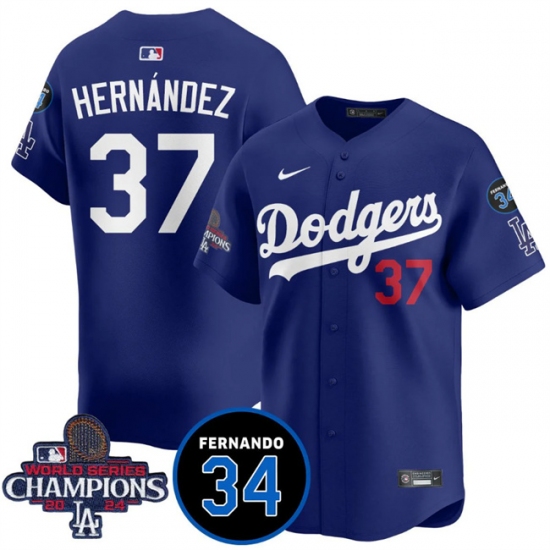 Men's Los Angeles Dodgers 37 Teoscar Hernandez Royal 2024 World Series Champions With Fernando Memorial Vapor Premier Limited Stitched Baseball Jersey