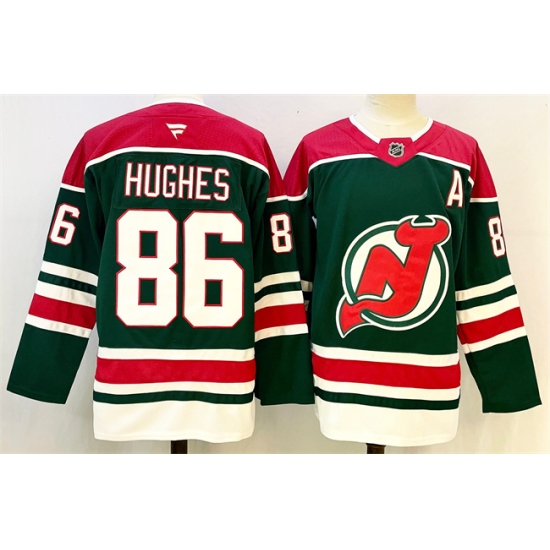 Men's New Jersey Devils 86 Jack Hughes Green Red 2024-25 With A Stitched Hockey Jersey