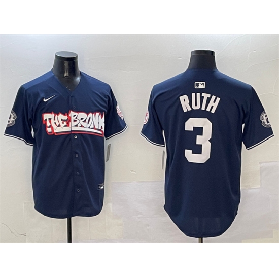 Men's New York Yankees 3 Babe Ruth Navy Bronx Graffiti Vapor Limited Stitched Baseball Jersey