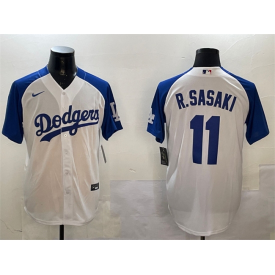 Men's Los Angeles Dodgers 11 Roki Sasaki White Blue Cool Base Stitched Baseball Jersey